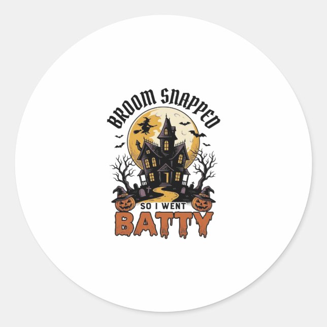 Funny Witch Halloween Haunted House Batty Graphic  Classic Round Sticker (Front)
