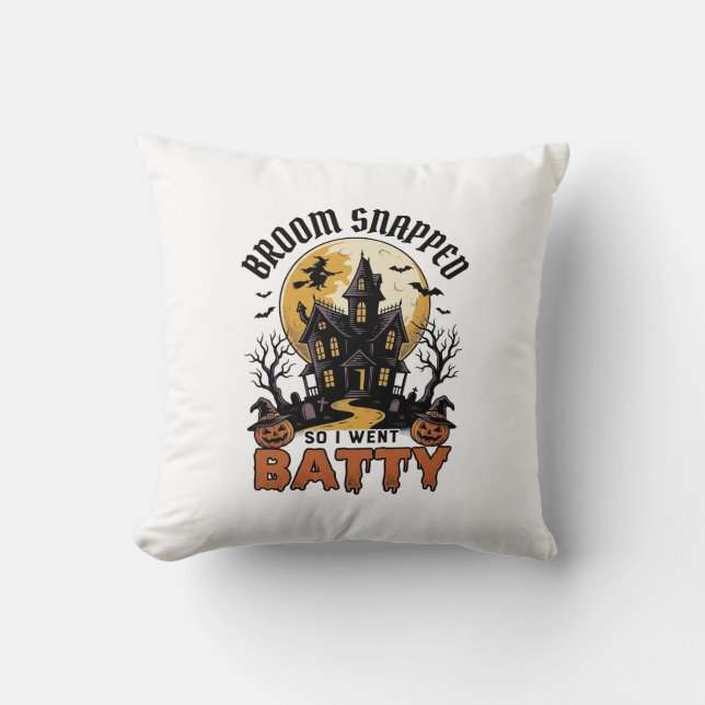 Funny Witch Halloween Haunted House Batty Graphic  Throw Pillow (Front)