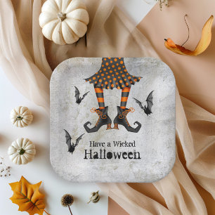 Funny Witch Legs and Bats Wicked Halloween Party Paper Plate