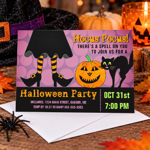 Funny Witch Legs Pumpkin Black Cat Halloween Party Invitation