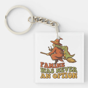 Funny Witch Riding Broom with Dinosaur Famine Was  Keychain