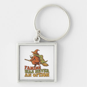 Funny Witch Riding Broom with Dinosaur Famine Was  Keychain