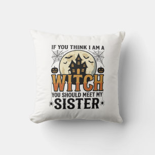 Funny Witch Sister Halloween Vintage Graphic_1 Throw Pillow