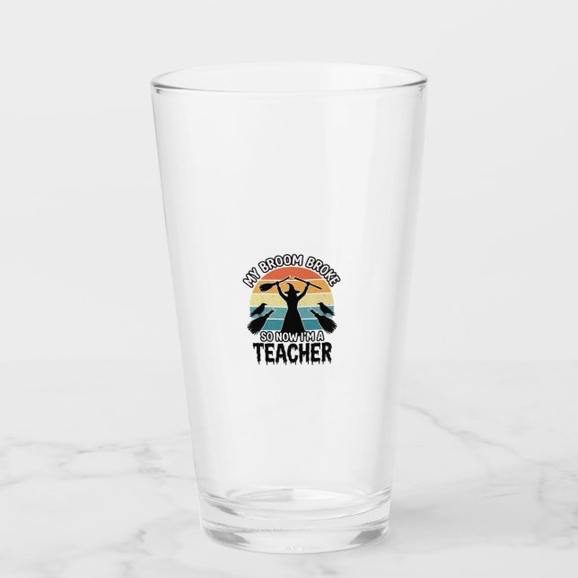 Funny Witch Teacher Broken Broom Halloween Design_ Glass (Front)