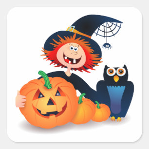 Funny witch with owl and pumpkins, sticker