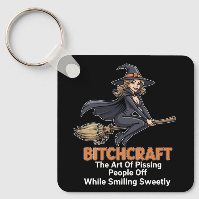 Funny Witch With The Broom Keychain (Front)