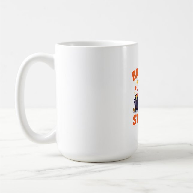 Funny Witch Yoga Design – "Brew & Stretch" Cartoon Coffee Mug (Left)
