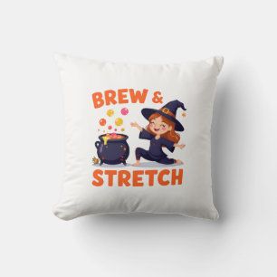 Funny Witch Yoga Design – "Brew & Stretch" Cartoon Throw Pillow