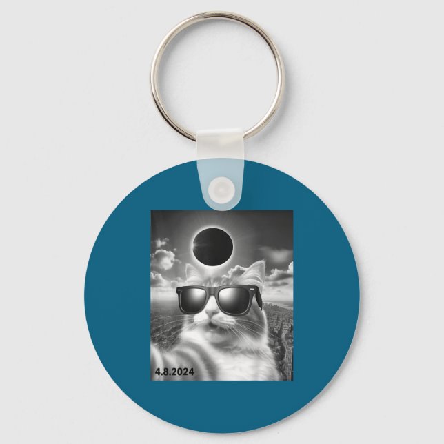 Funny With Cat Sunglasses Selfie Solar Eclipse Keychain (Front)