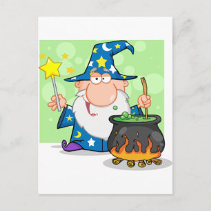 Funny Wizard Waving With Magic Wand And Preparing Postcard