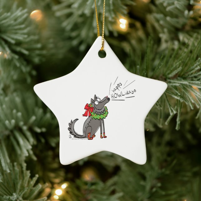 Funny Wolf Christmas Happy Howlidays Holiday Ceramic Ornament (Tree)