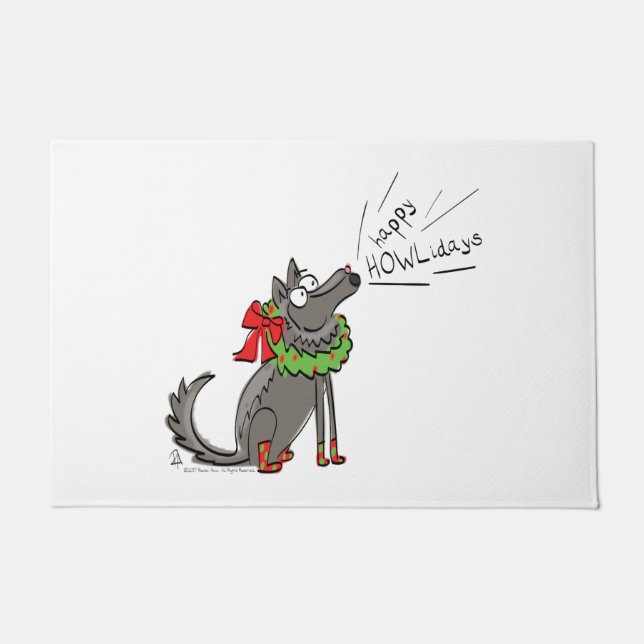 Funny Wolf Christmas Happy Howlidays Holiday Doormat (Front)