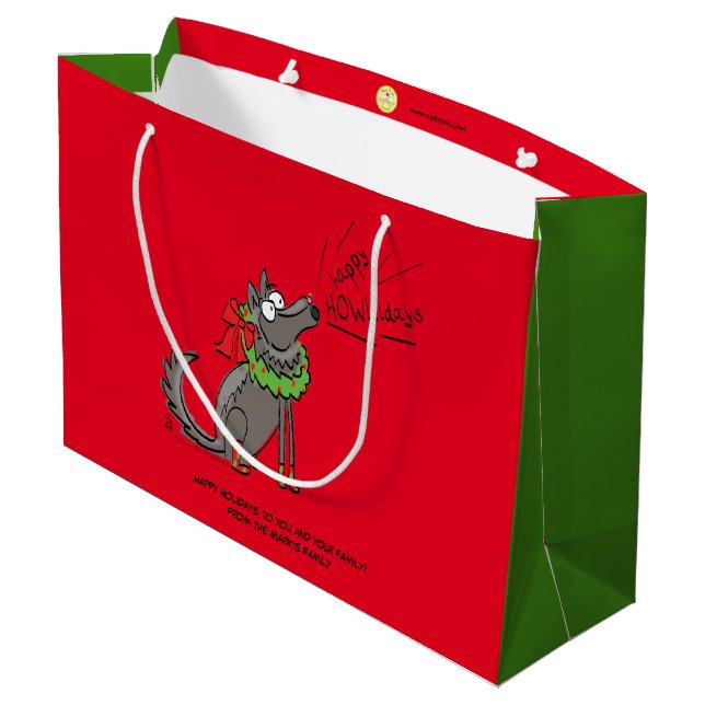 Funny Wolf Christmas Happy Howlidays Holiday Large Gift Bag (Back Angled)