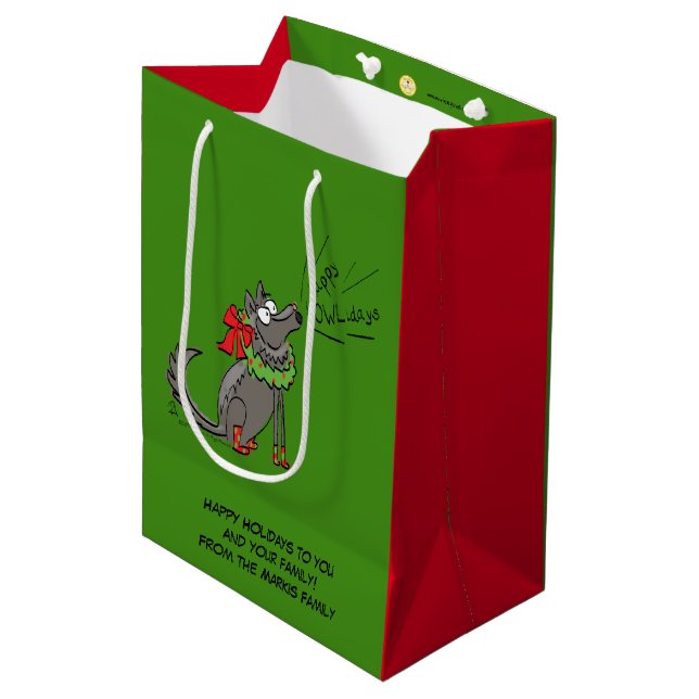 Funny Wolf Christmas Happy Howlidays Holiday Medium Gift Bag (Front Angled)