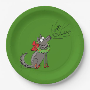 Funny Wolf Christmas Happy Howlidays Holiday Paper Plate