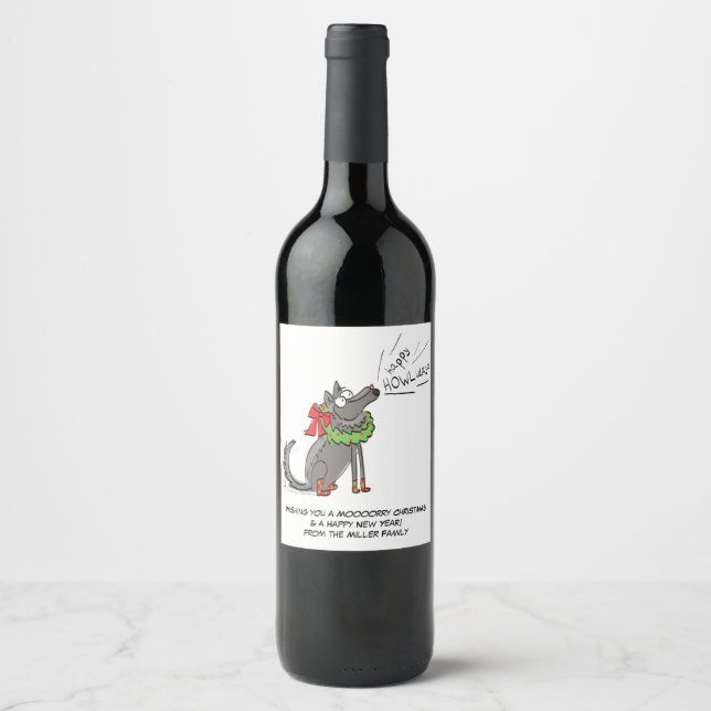 Funny Wolf Christmas Happy Howlidays Holiday Wine Label (Front)