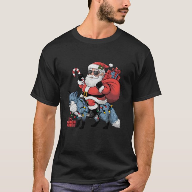 Funny Wolf Lover Santa Riding Wolf Christmas T-Shirt (Front)