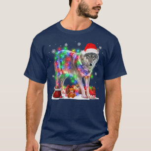 Funny Wolf Tree Christmas Lights Xmas Pajama Match T-Shirt
