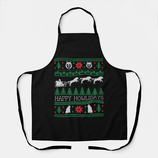 Funny Wolves Wolf Lover Ugly Christmas Sweater Apron (Front)