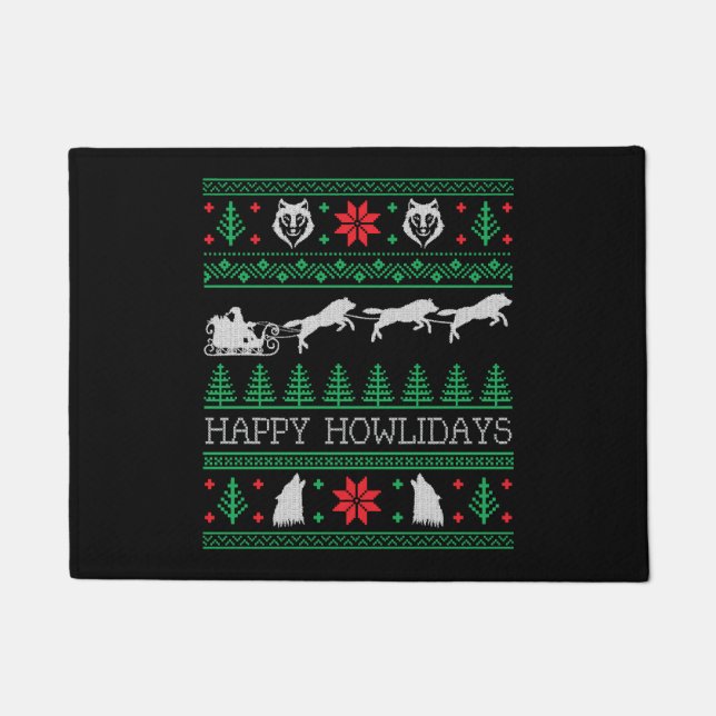 Funny Wolves Wolf Lover Ugly Christmas Sweater Doormat (Front)