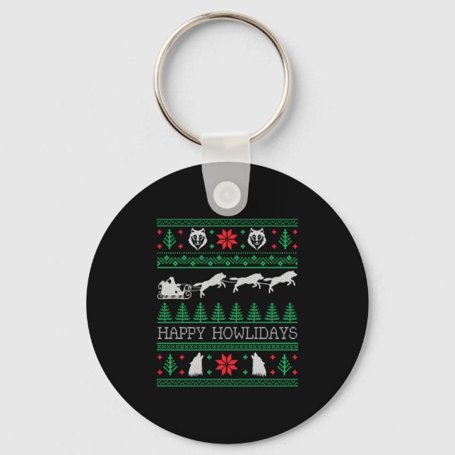 Funny Wolves Wolf Lover Ugly Christmas Sweater Keychain (Front)