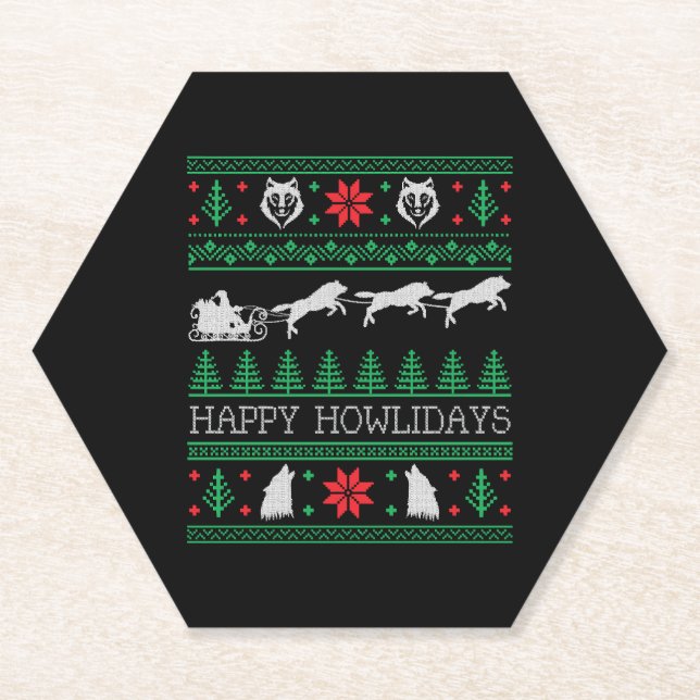 Funny Wolves Wolf Lover Ugly Christmas Sweater Paper Coaster (Front)