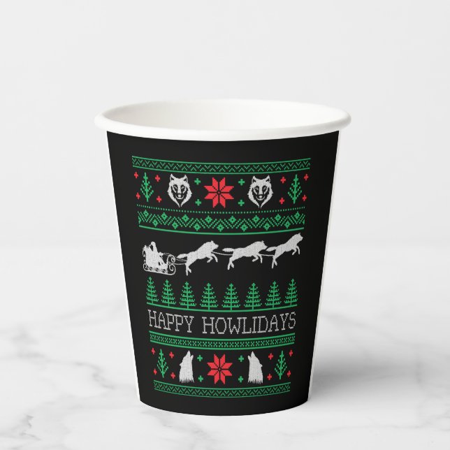 Funny Wolves Wolf Lover Ugly Christmas Sweater Paper Cups (Front)