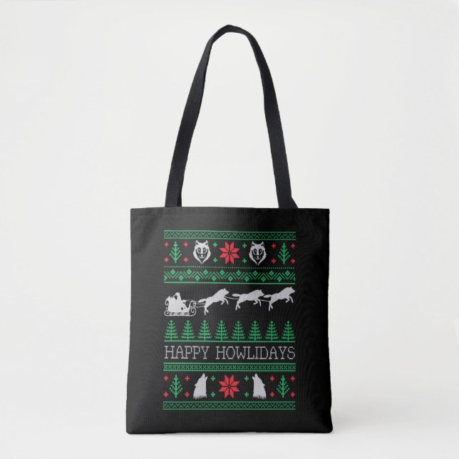 Funny Wolves Wolf Lover Ugly Christmas Sweater Tote Bag (Front)