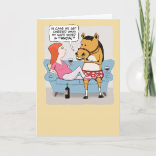 Funny Woman and Horse Drinking Wine Birthday Card