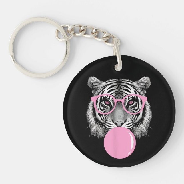 Funny Women's Tiger Glasses & Pink Bubble Gum Anim Keychain (Front)