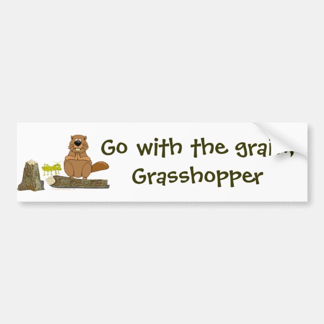 Funny Wood Turning Beaver and Grasshopper Cartoon Bumper Sticker (Front)