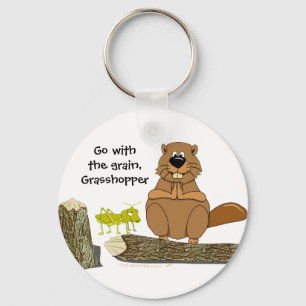 Funny Wood Turning Beaver and Grasshopper Cartoon Keychain
