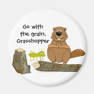 Funny Wood Turning Beaver and Grasshopper Cartoon Magnet