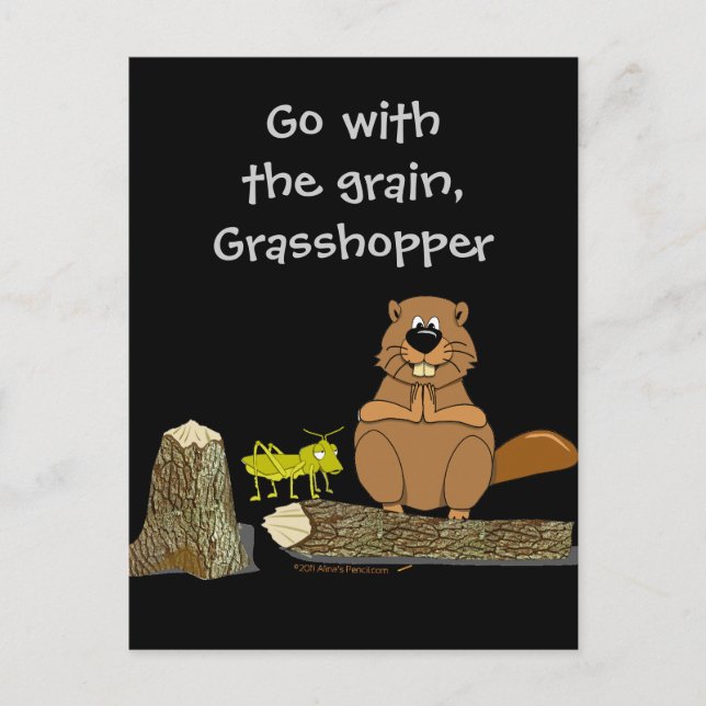 Funny Wood Turning Beaver and Grasshopper Cartoon Postcard (Front)
