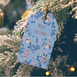 Funny Woodland Friends Blue Winter Forest Pattern Gift Tags