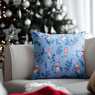 Funny Woodland Friends Blue Winter Forest Pattern Throw Pillow