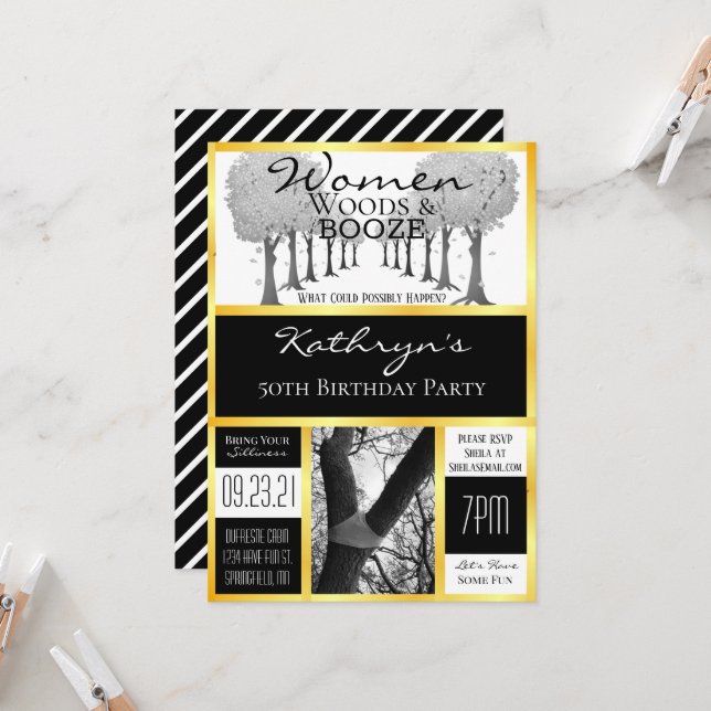 Funny Woodsy Woman Getaway Invitation (Front/Back In Situ)