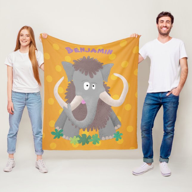Funny woolly mammoth cartoon illustration fleece blanket (In Situ)