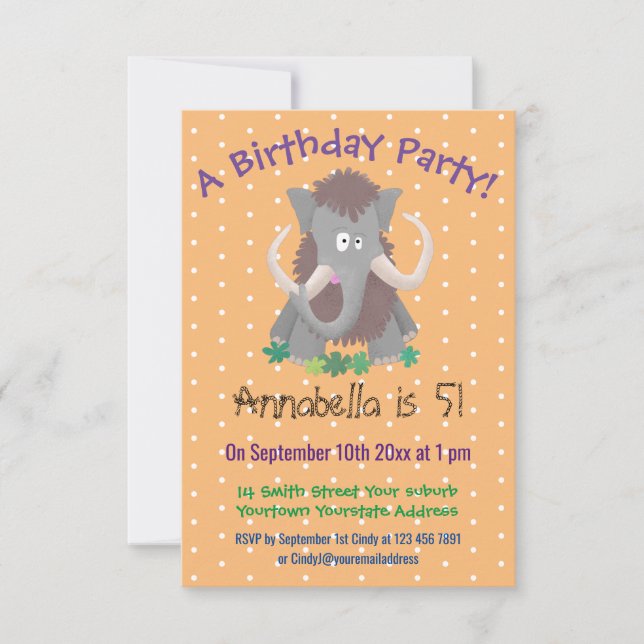 Funny woolly mammoth cartoon illustration invitation (Front)