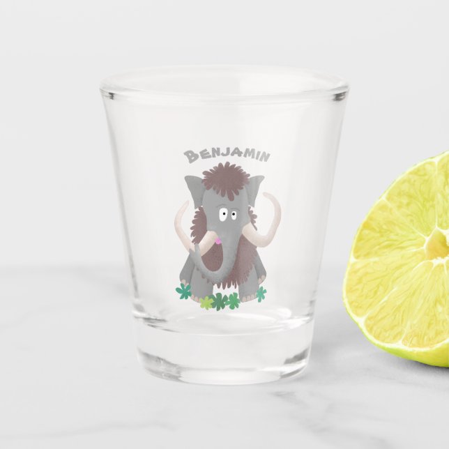 Funny woolly mammoth cartoon illustration  shot glass (Front)