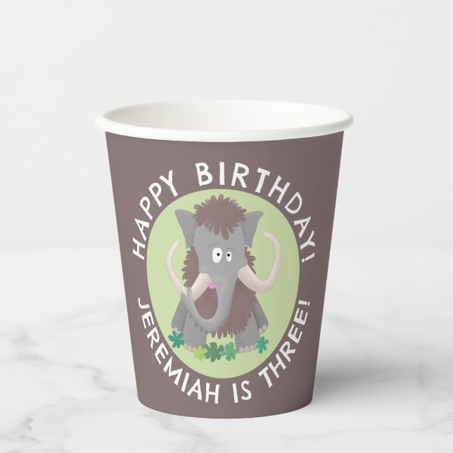 Funny woolly mammoth cartoon personalized birthday paper cups (Front)