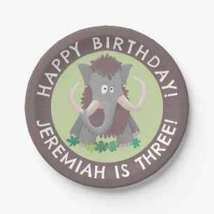 Funny woolly mammoth cartoon personalized birthday paper plate