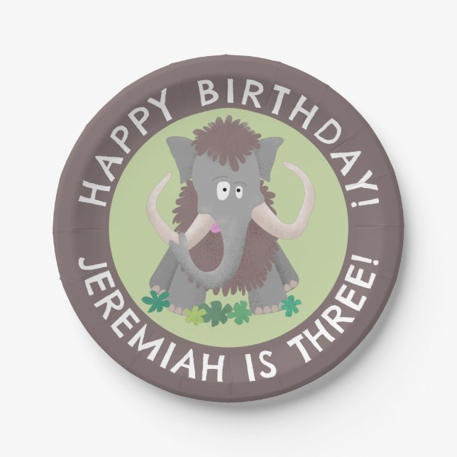 Funny woolly mammoth cartoon personalized birthday paper plate (Front)