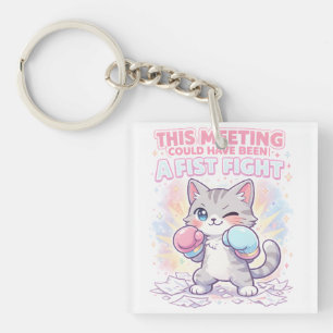 Funny Work Meeting Quote with Cute Boxing Cat Keychain