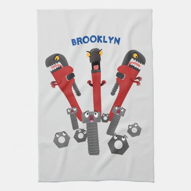 Funny wrench monster tools humour cartoon  kitchen towel (Vertical)