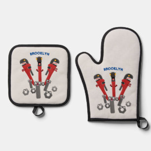 Funny wrench monster tools humour cartoon oven mitt & pot holder set