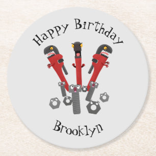 Funny wrench monster tools humour cartoon round paper coaster