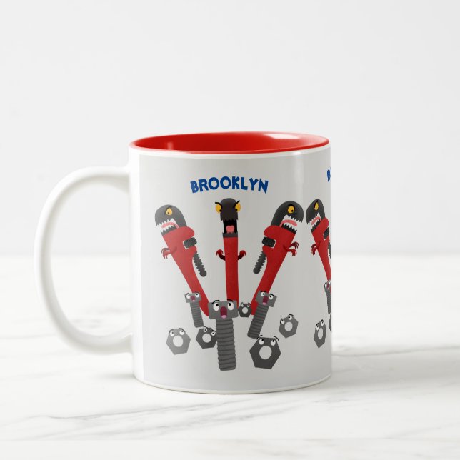 Funny wrench monster tools humour cartoon Two-Tone coffee mug (Left)