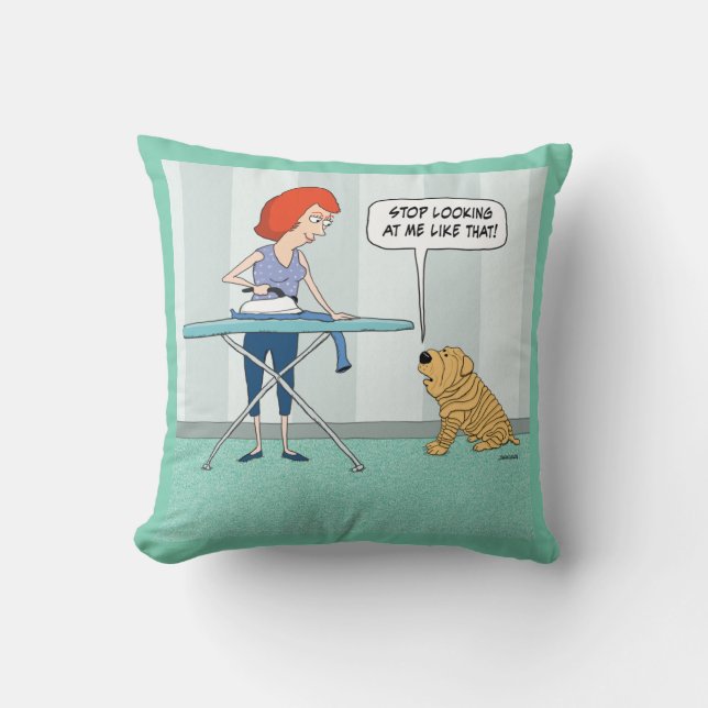 Funny Wrinkly Shar-Pei Dog Suspicious of Iron Throw Pillow (Front)