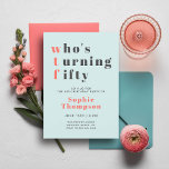 Funny WTF Pink Coral Teal Chic 50th Birthday Party Invitation<br><div class="desc">Celebrate turning 50 with bold humour and stylish flair! This funny WTF birthday invitation features a chic blend of soft teal, vibrant coral, and playful pink accents, creating a fresh and modern look perfect for the woman who loves to make a statement. The light teal background sets a calm, elegant...</div>